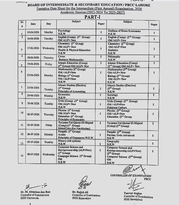 Inter Date Sheet 2026 Part 1 Punjab Board FSc ICS 11th class official PBCC