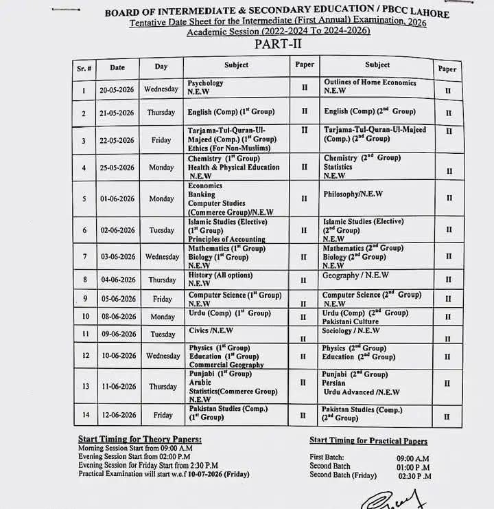 Inter Date Sheet 2026 Part 2 Punjab Board FSc ICS 12th class official PBCC